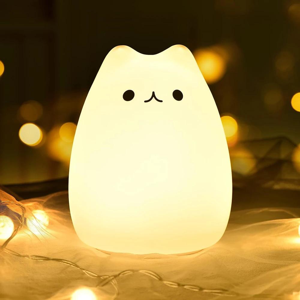귀여운 고양이 야간 조명 실리콘 보육 고양이 램프, 어린이 탭 컨트롤, 에너지 절약 LED 램프, 여아 남아용 귀여운 선물, 7 가지 색상